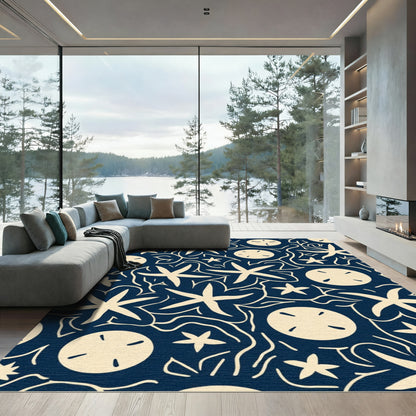 Deep Navy Cream Starfish Sand Dollar Rug