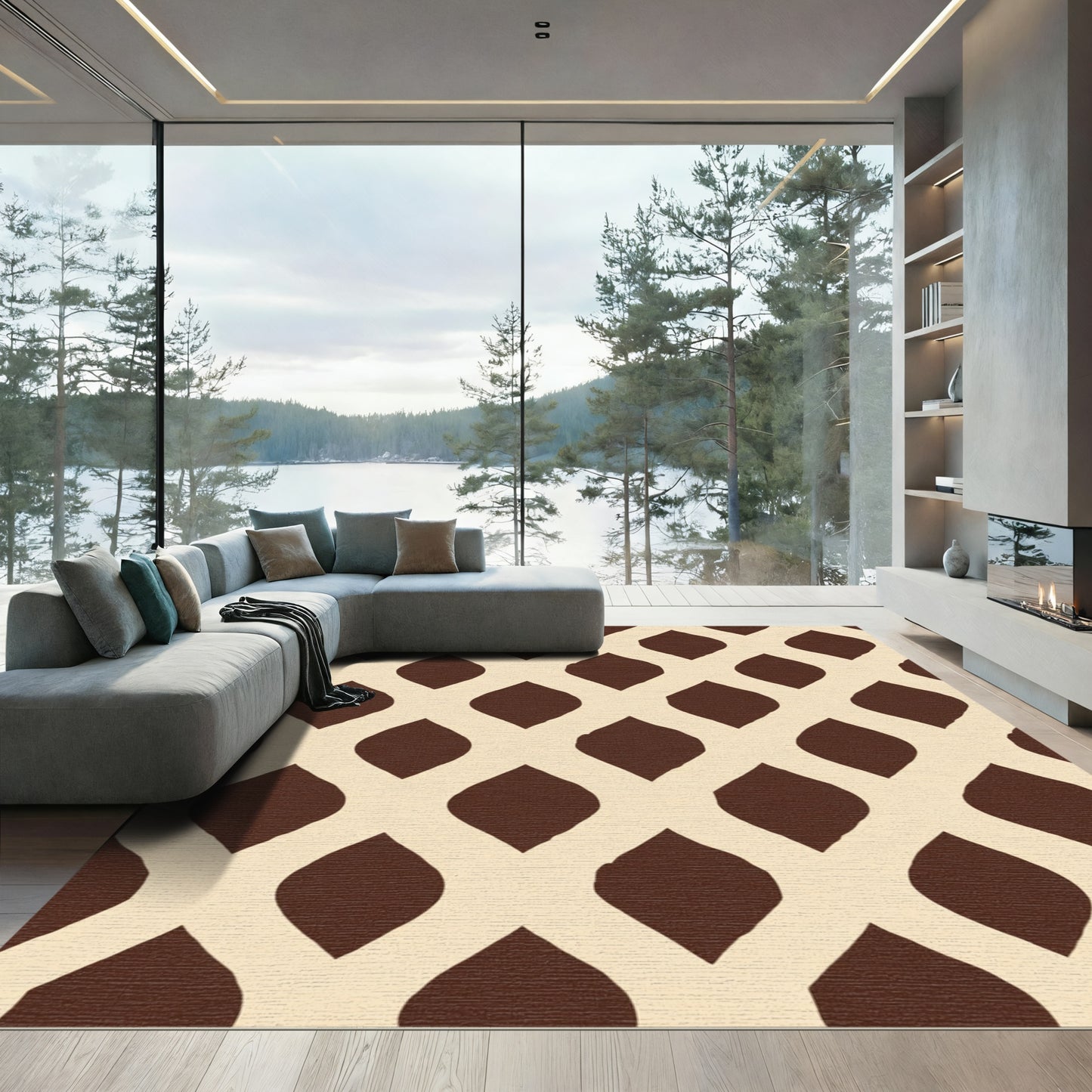Cream Brown Interlocking Lattice Rug