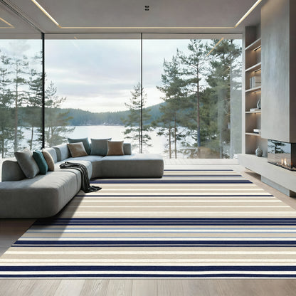 Navy Beige Blue Stripe Contemporary Rug