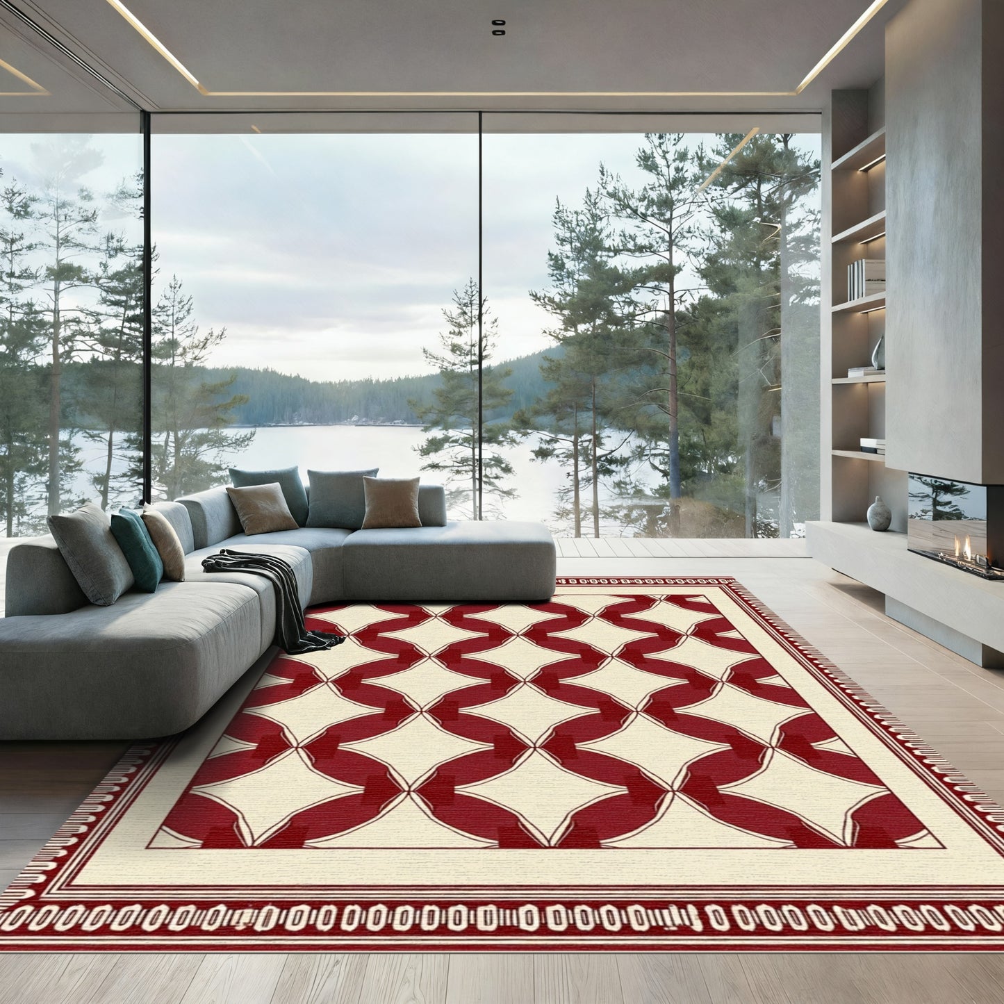 Crimson Cream Geometric Lattice Rug