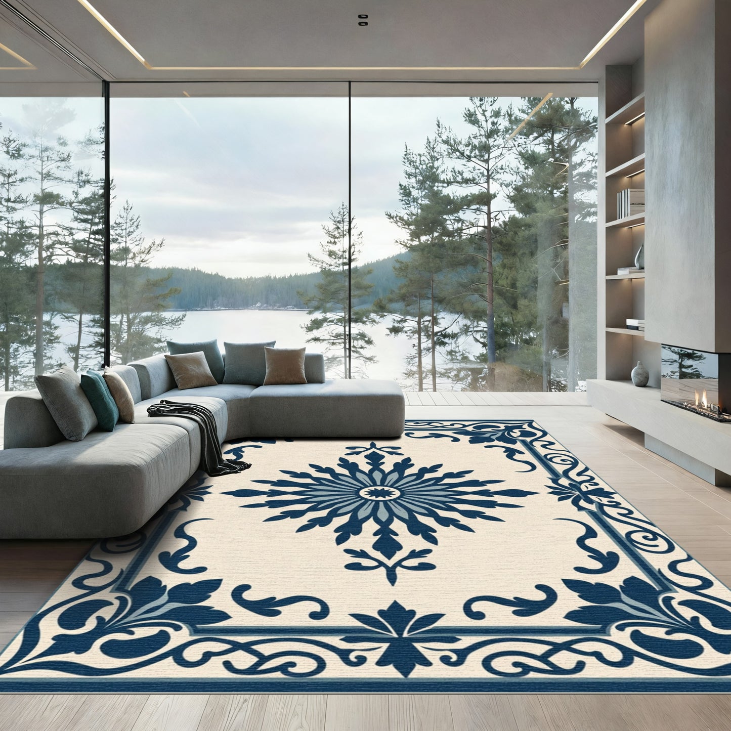 Navy Blue Vintage Floral Medallion Rug