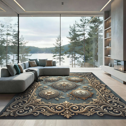 Antique Gold Floral Medallion Border Rug