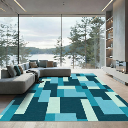 Deep Teal Abstract Rectangles Rug