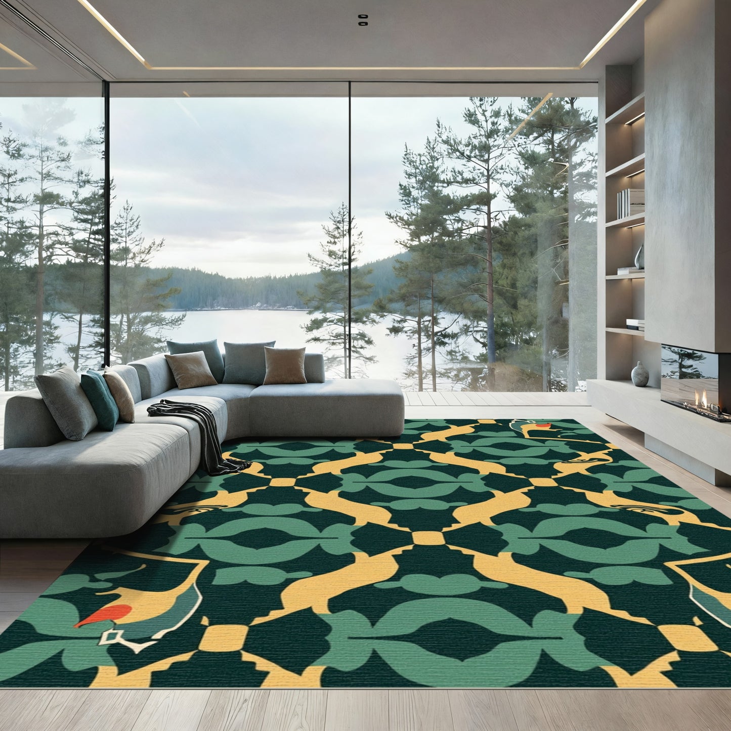 Deep Blue Ochre Curving Arch Rug