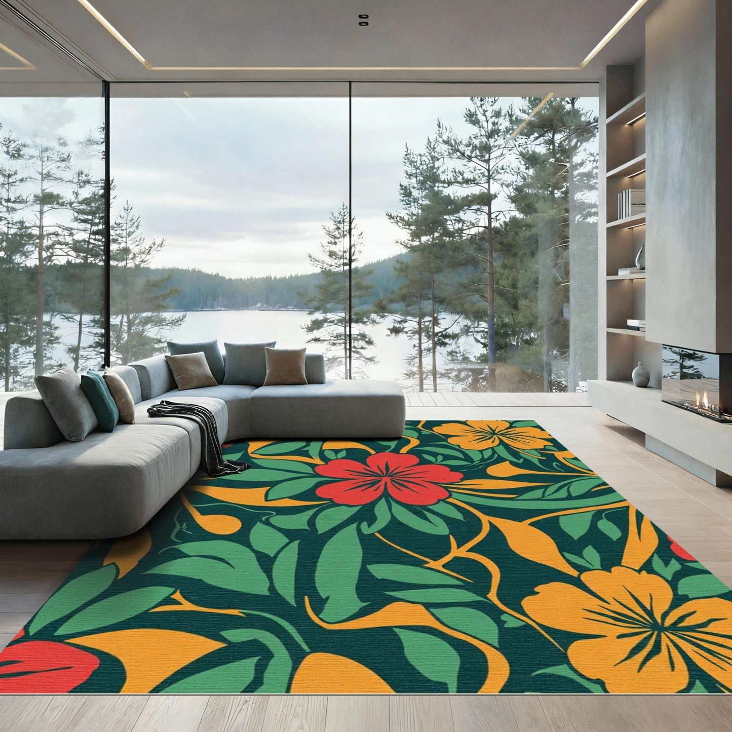 Bold Red Orange Green Tropical Floral Rug