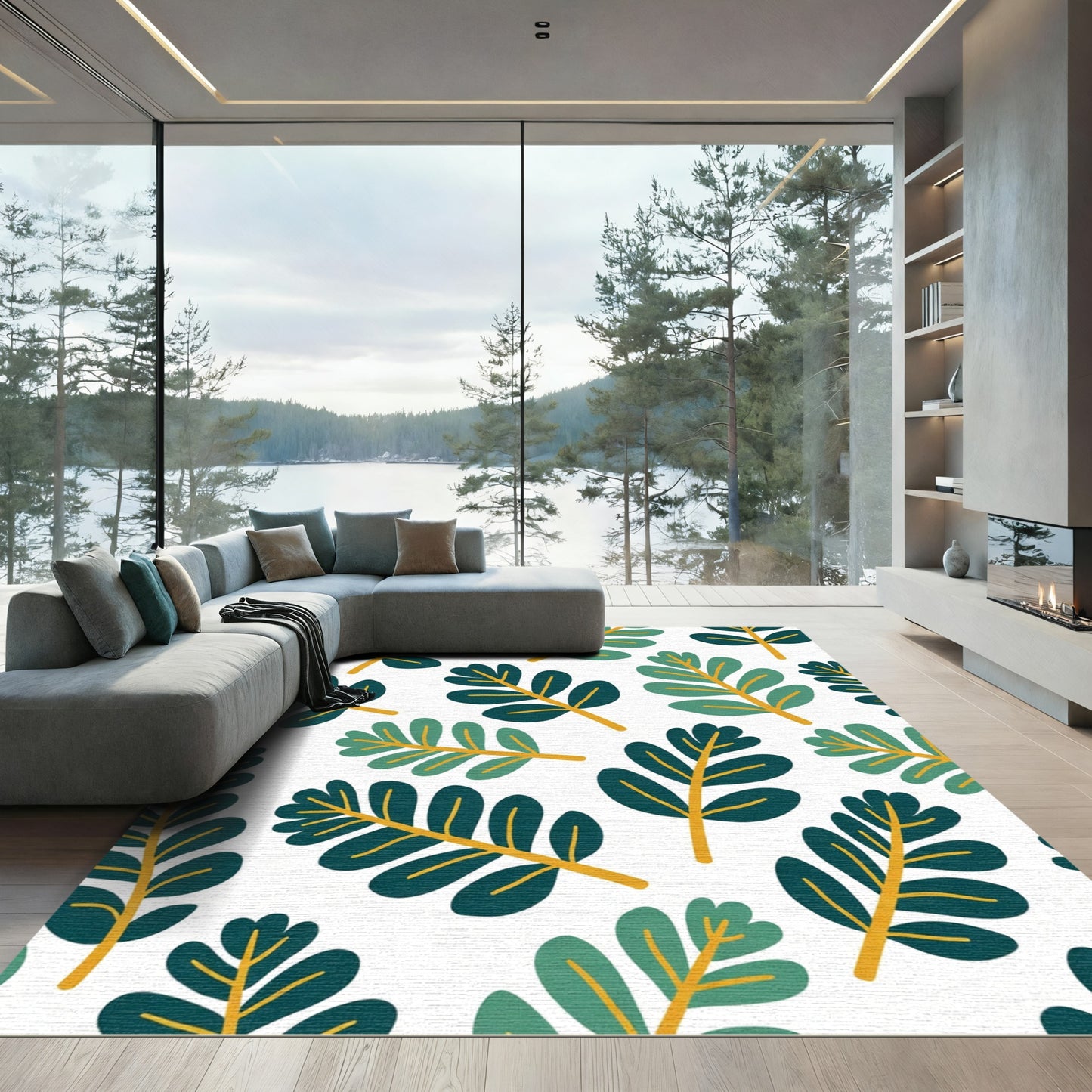 Teal Green Leafy Branch Composition Rug