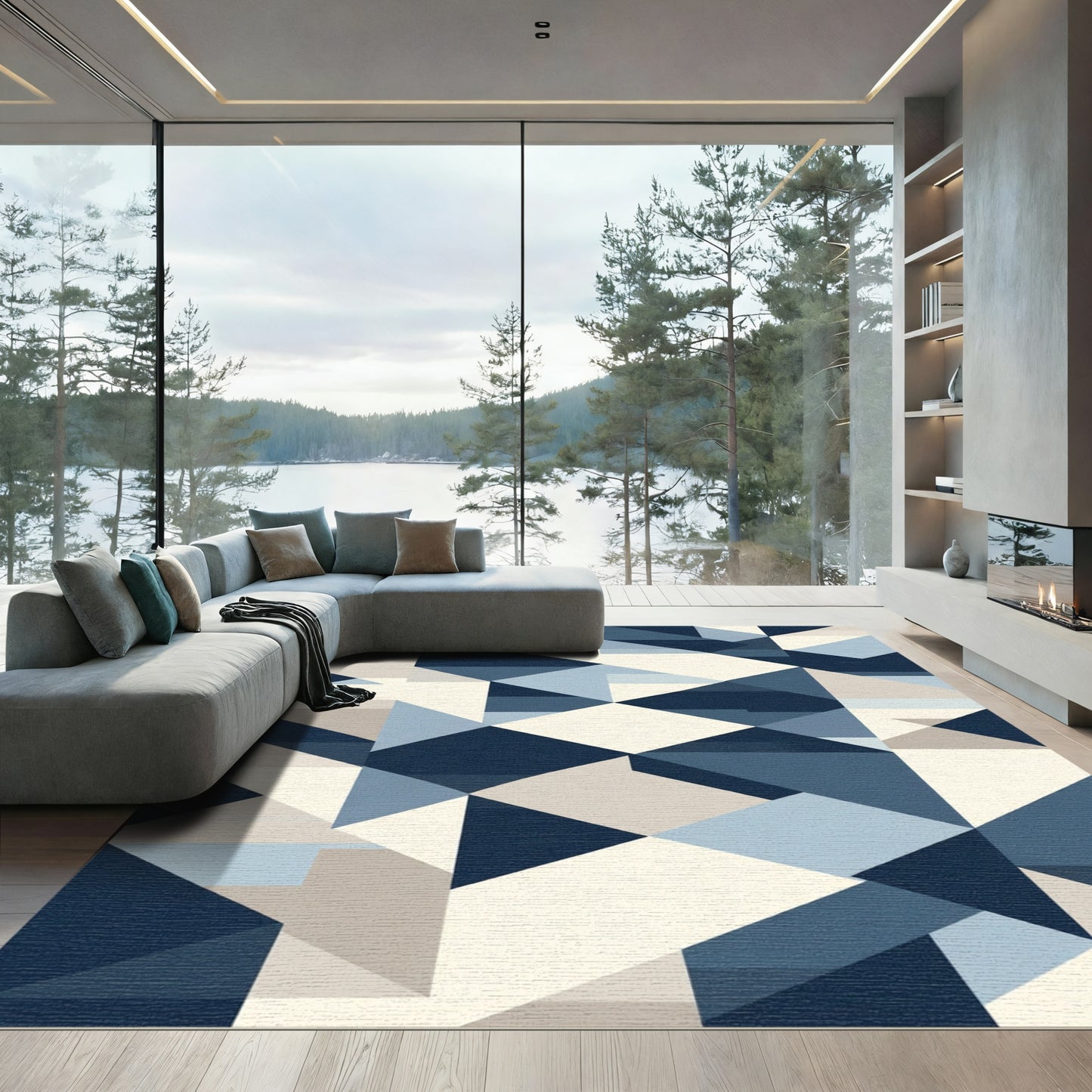 Naval Blue Geometric Facet Rug