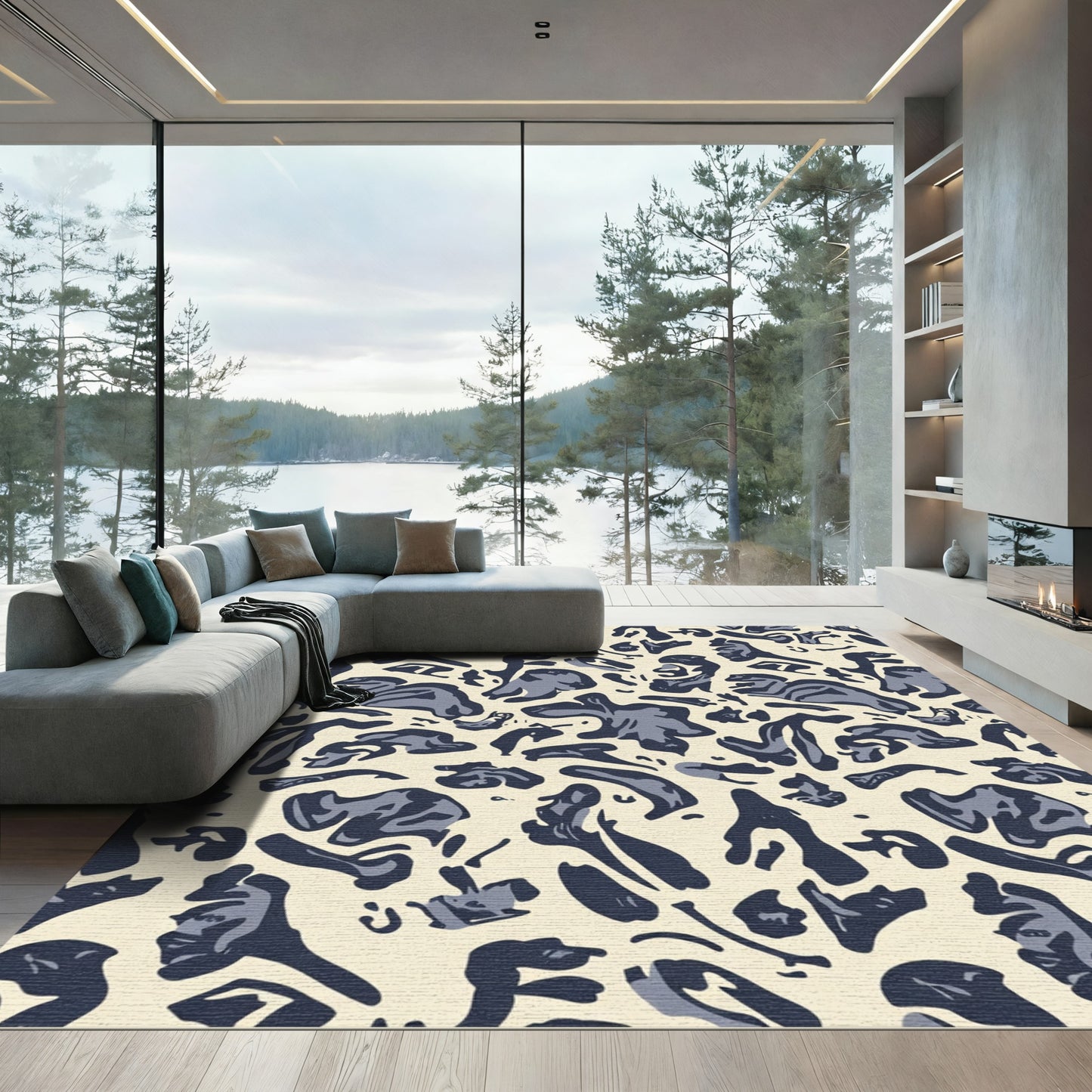 Abstract Navy Blue Organic Shapes Rug