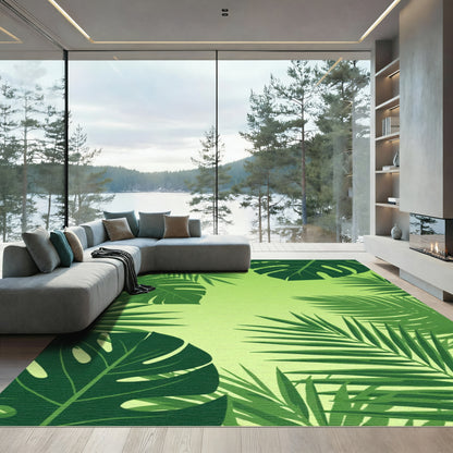 Dark Green Tropical Leaf Arrangement Rug