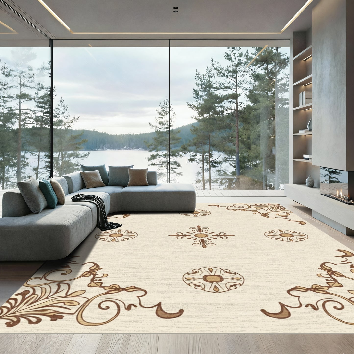 Brown Beige Scrollwork Medallion Accent Rug