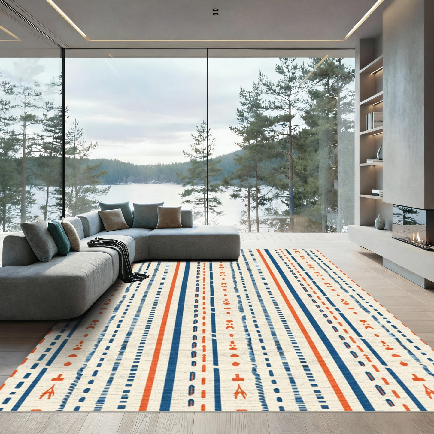 Tribal Blue Orange Stripe Composition Rug