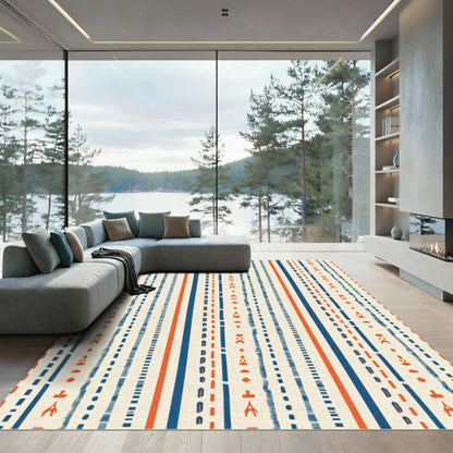 Tribal Blue Orange Stripe Composition Rug