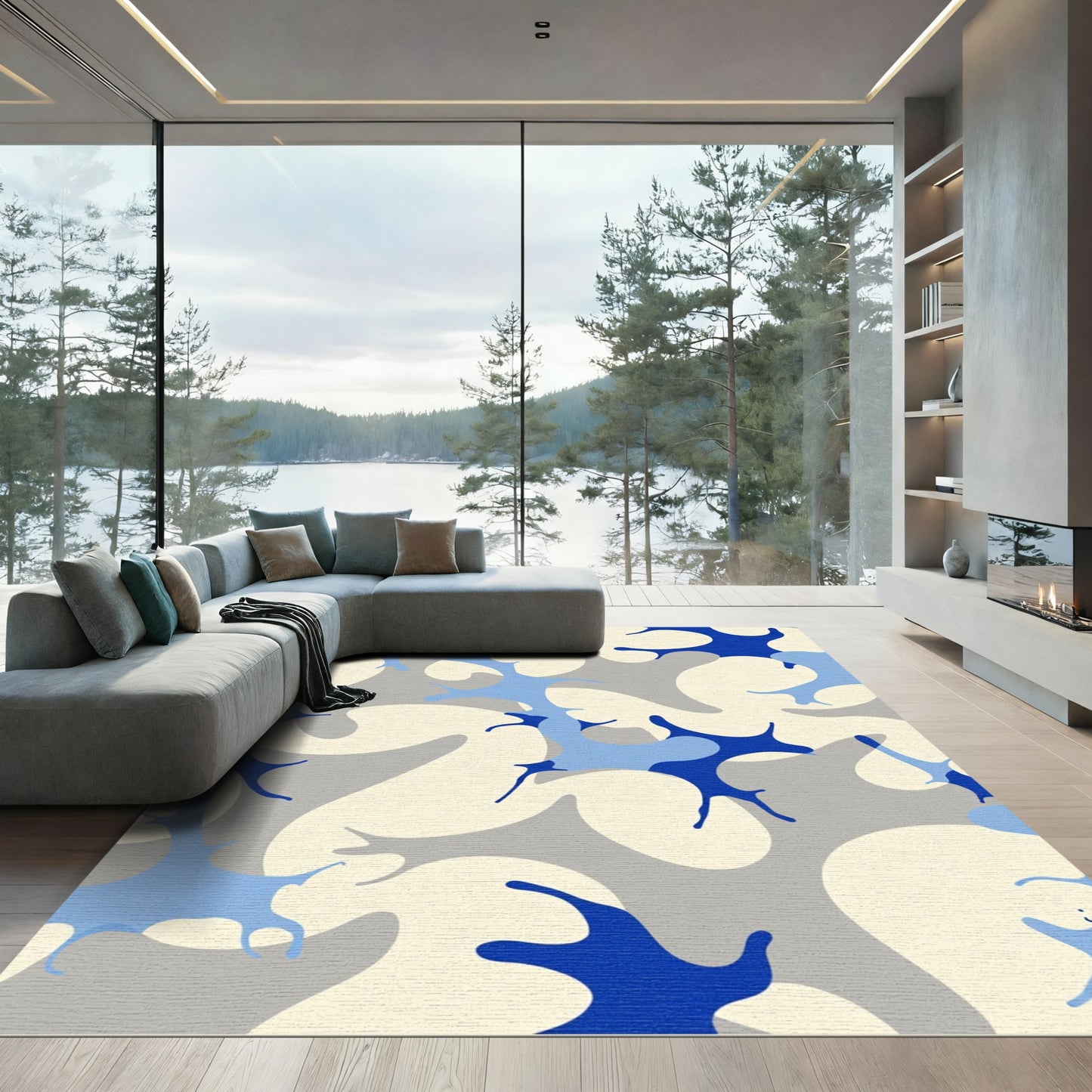 Blue Gray Abstract Organic Splatter Rug