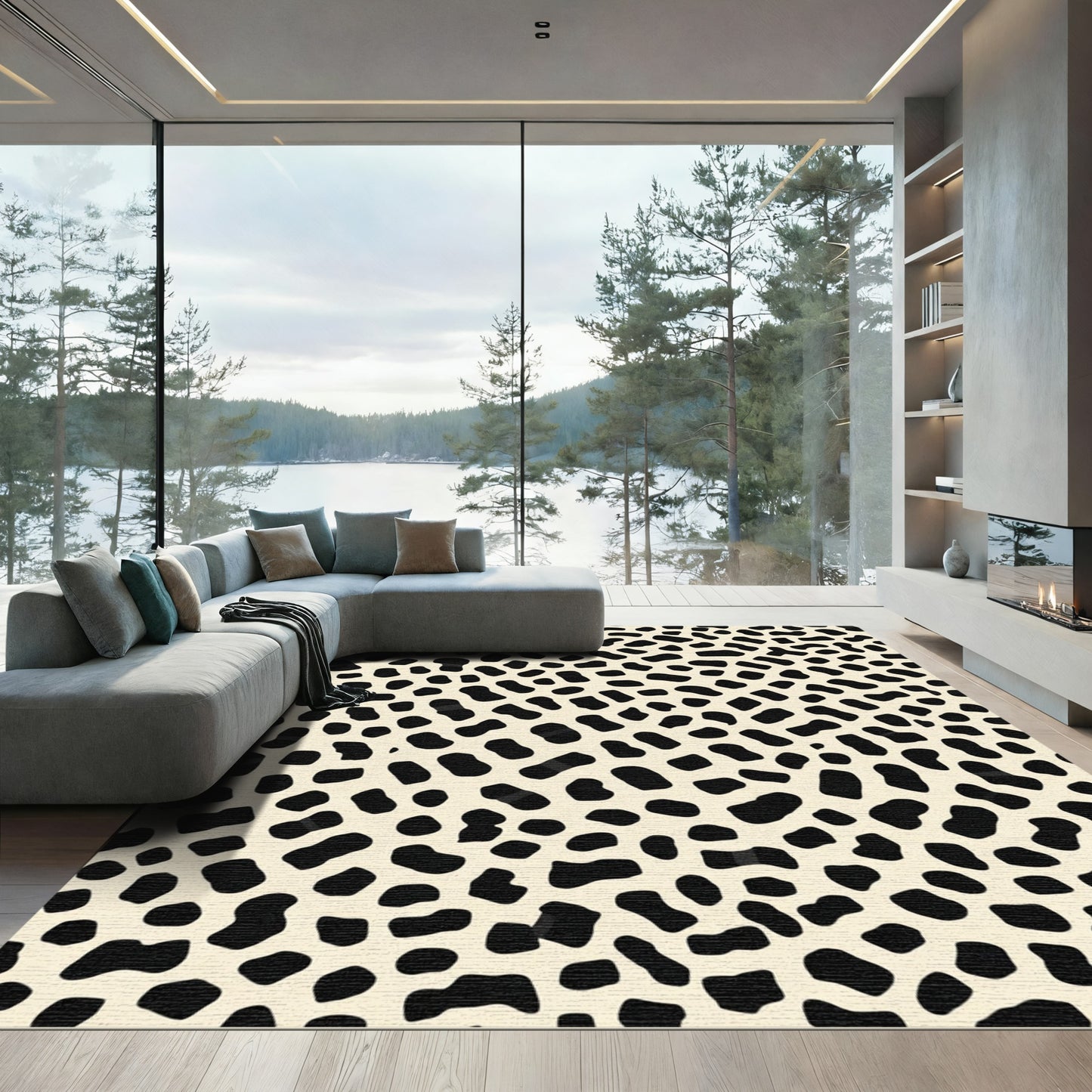 Cream and Black Stained Glass Pattern Rug