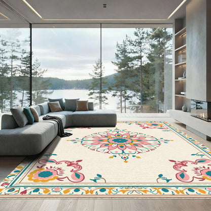 Terracotta Teal Pink Floral Medallion Rug