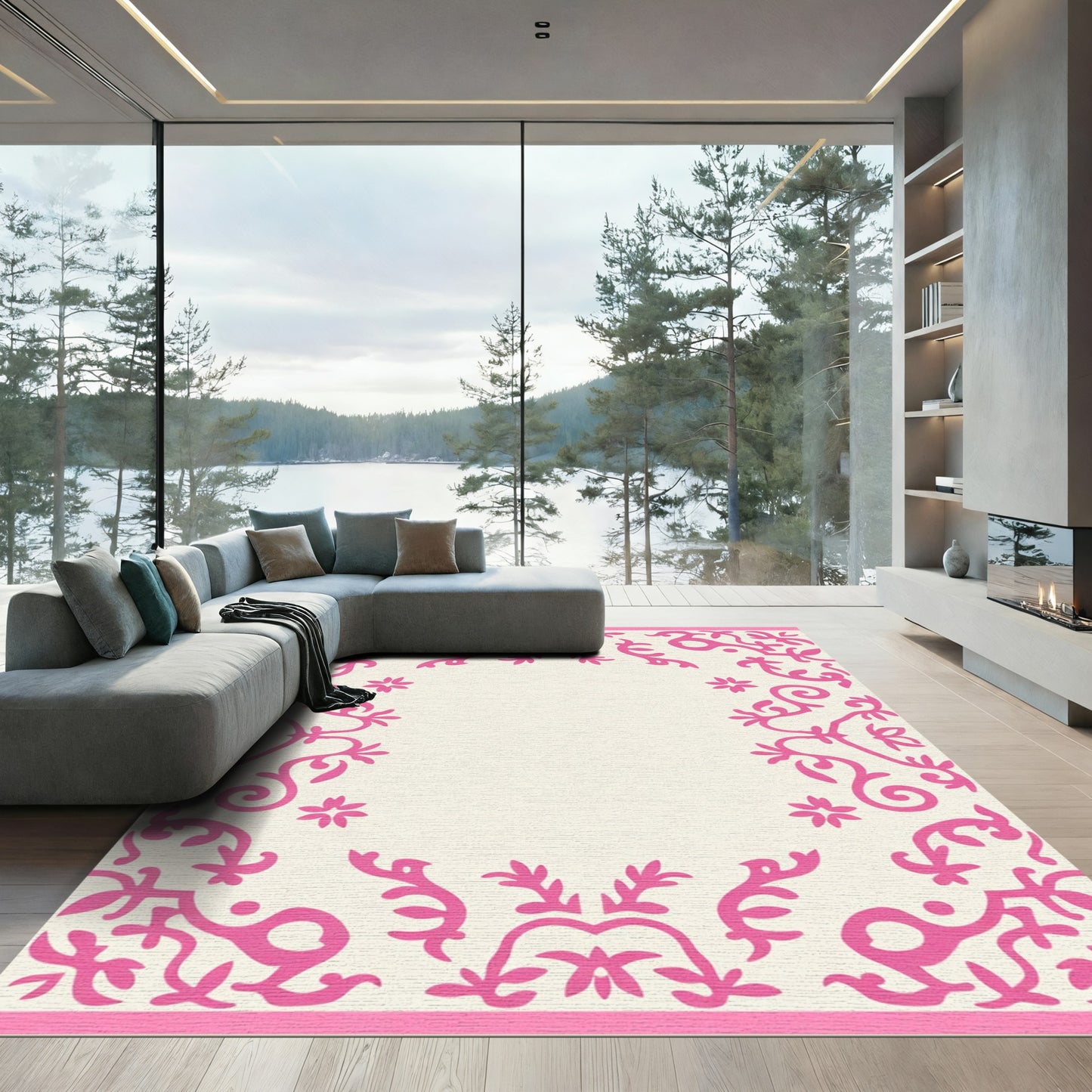 Pink Floral Vine Scroll Accent Rug