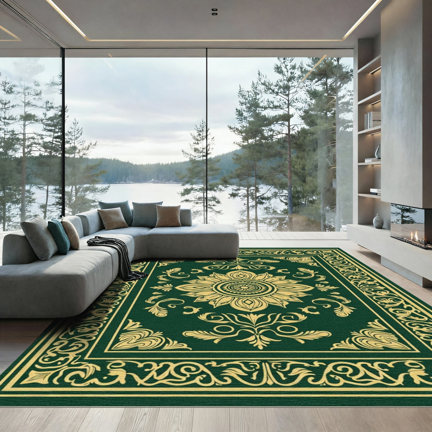 Dark Green Golden Floral Medallion Rug