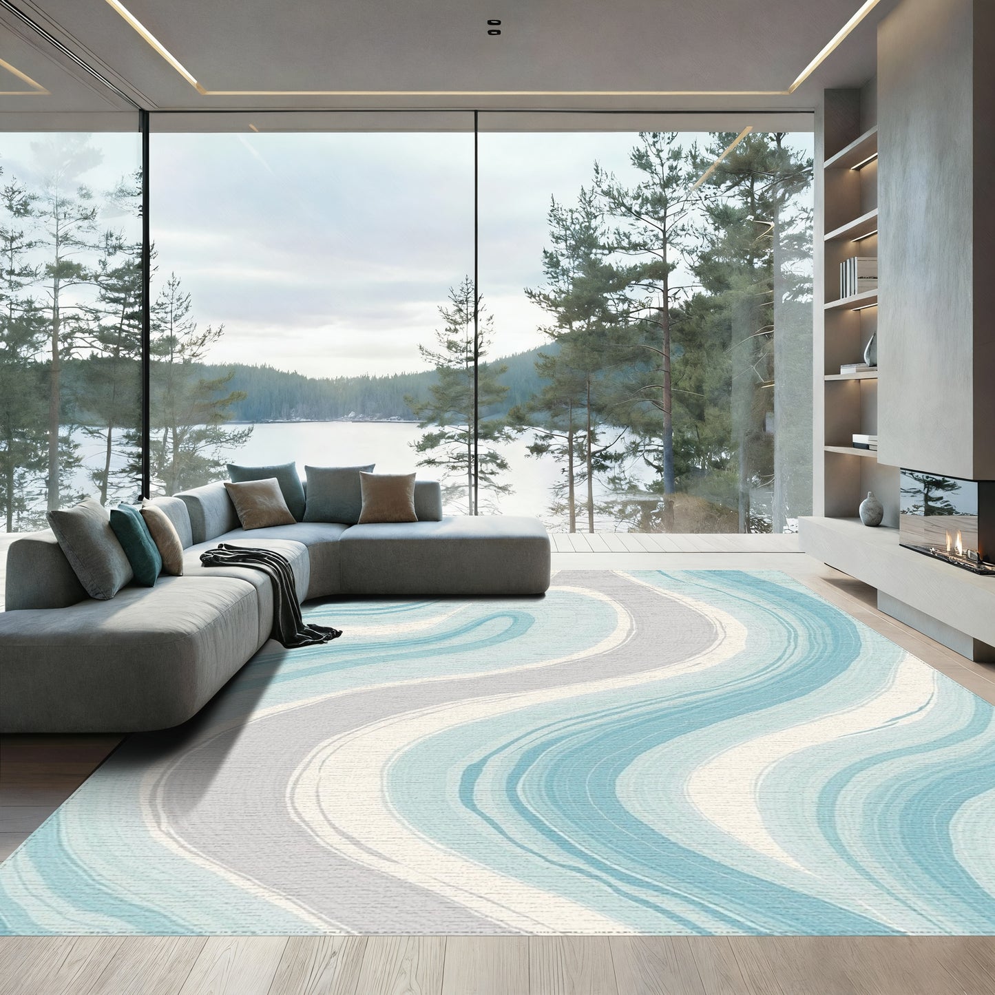 Teal Gray Fluid Marble Rug
