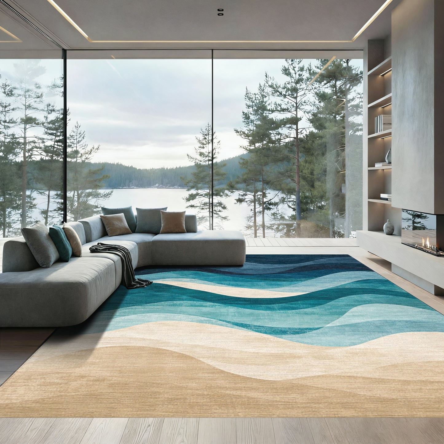 Navy Teal Gradient Wave Rug