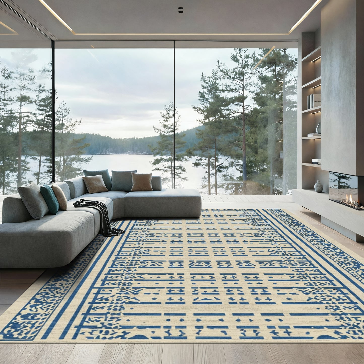 Navy Blue Linear Floral Scroll Rug