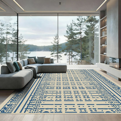 Navy Blue Linear Floral Scroll Rug