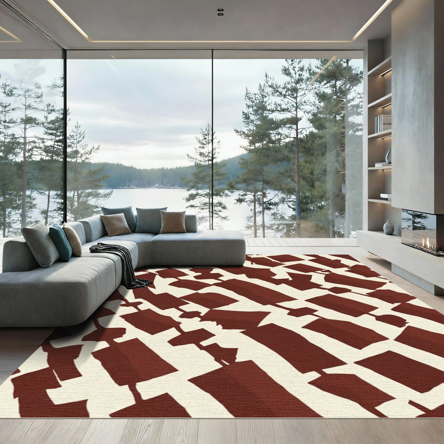 Crimson Abstract Blocks Textured Rug