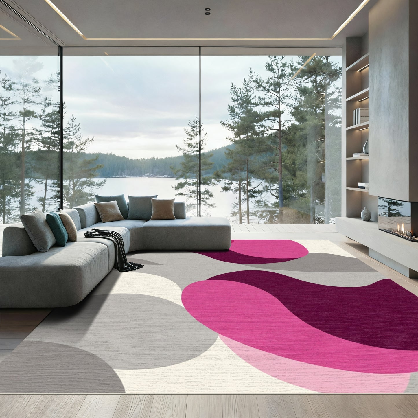 Modern Magenta Gray Abstract Swirl Rug