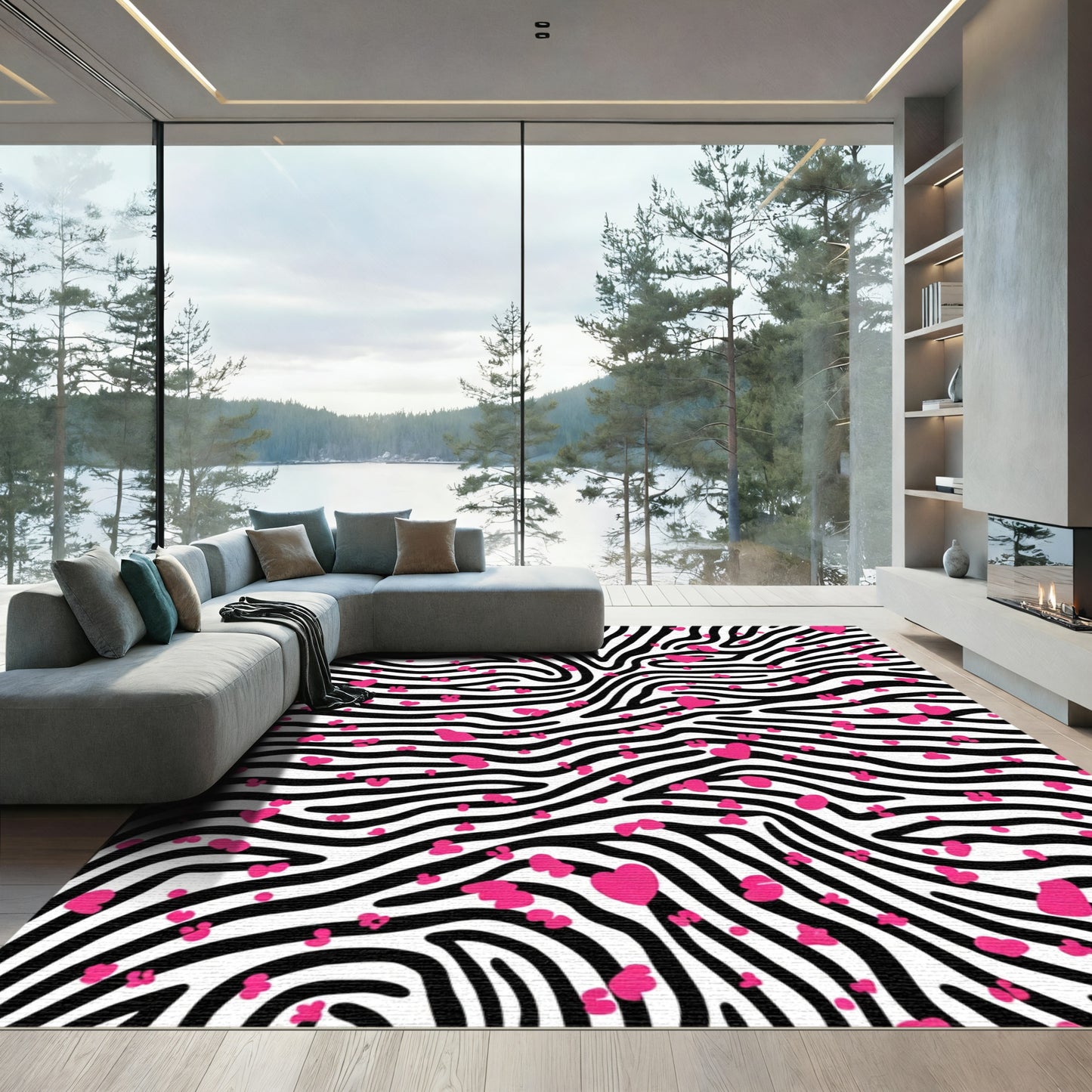 Bold Pink Heart Zebra Stripe Rug
