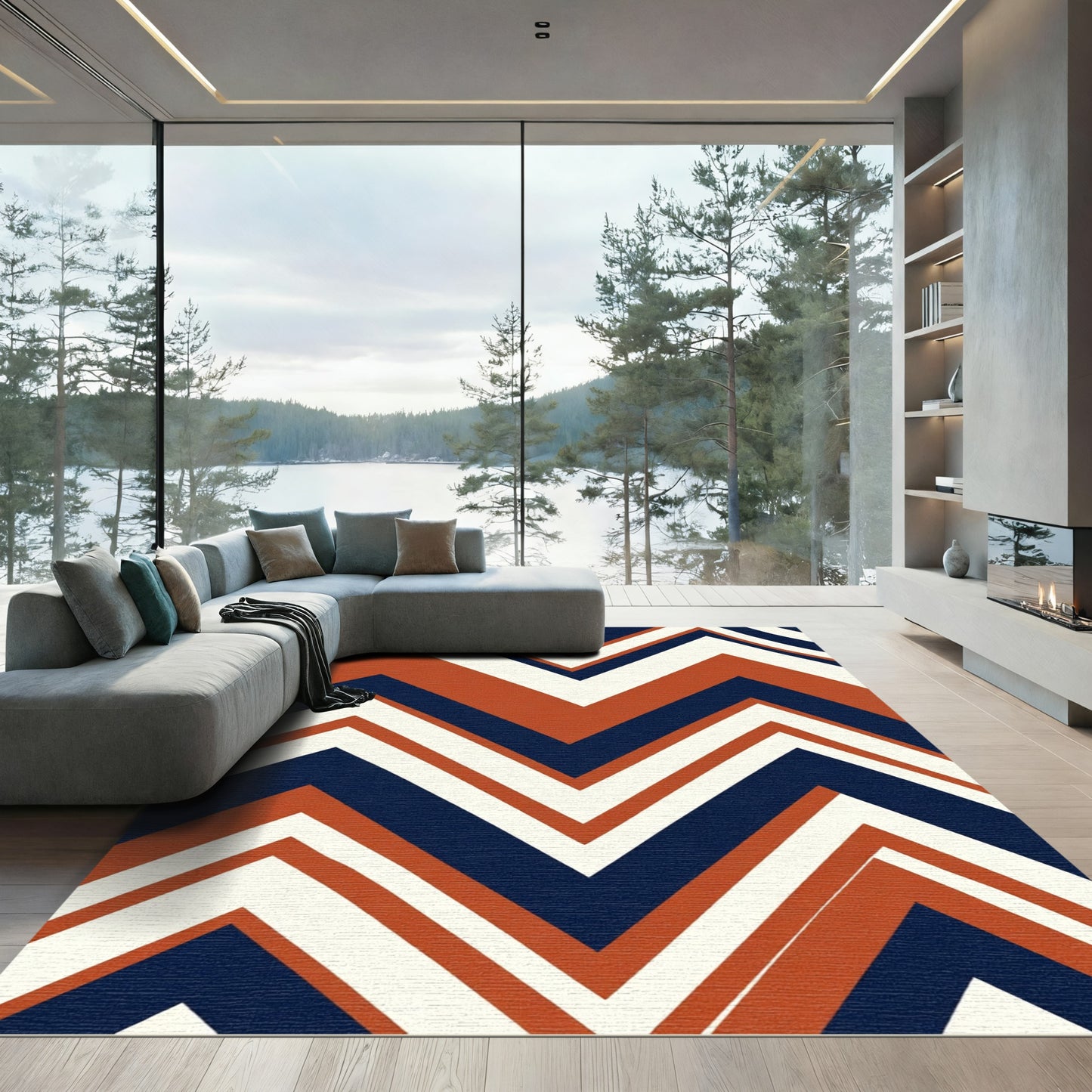 Rusty Blue White Chevron Stripe Rug