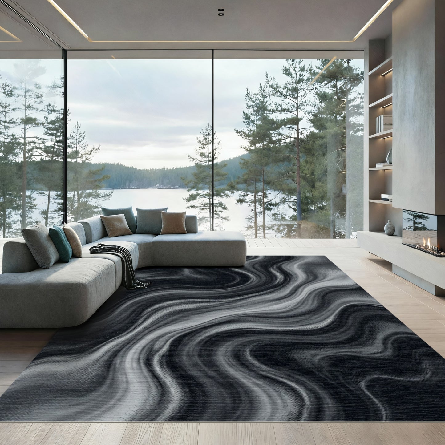 Dark Gray Fluid Swirl Abstract Rug