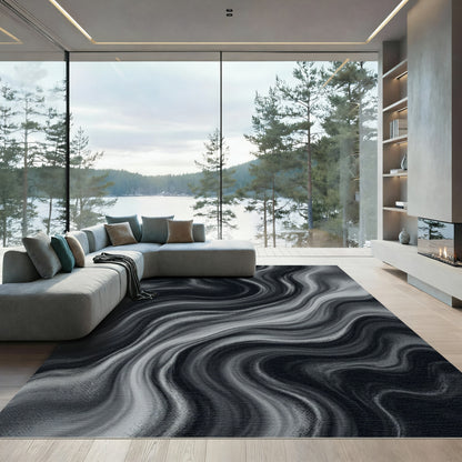 Dark Gray Fluid Swirl Abstract Rug