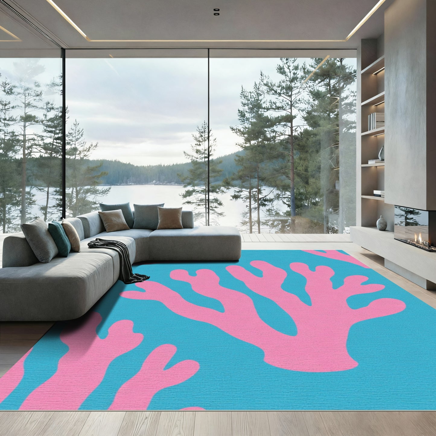 Bright Pink Coral Blue Sea Abstract Rug