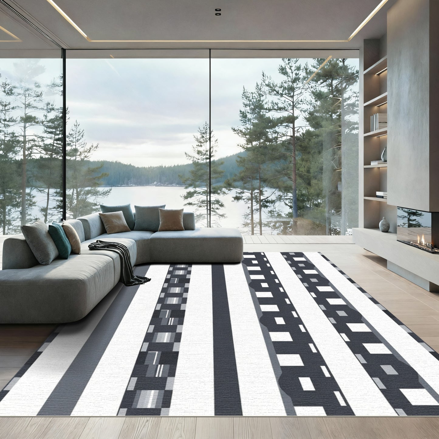 Modern Gray White Abstract Stripe Rug