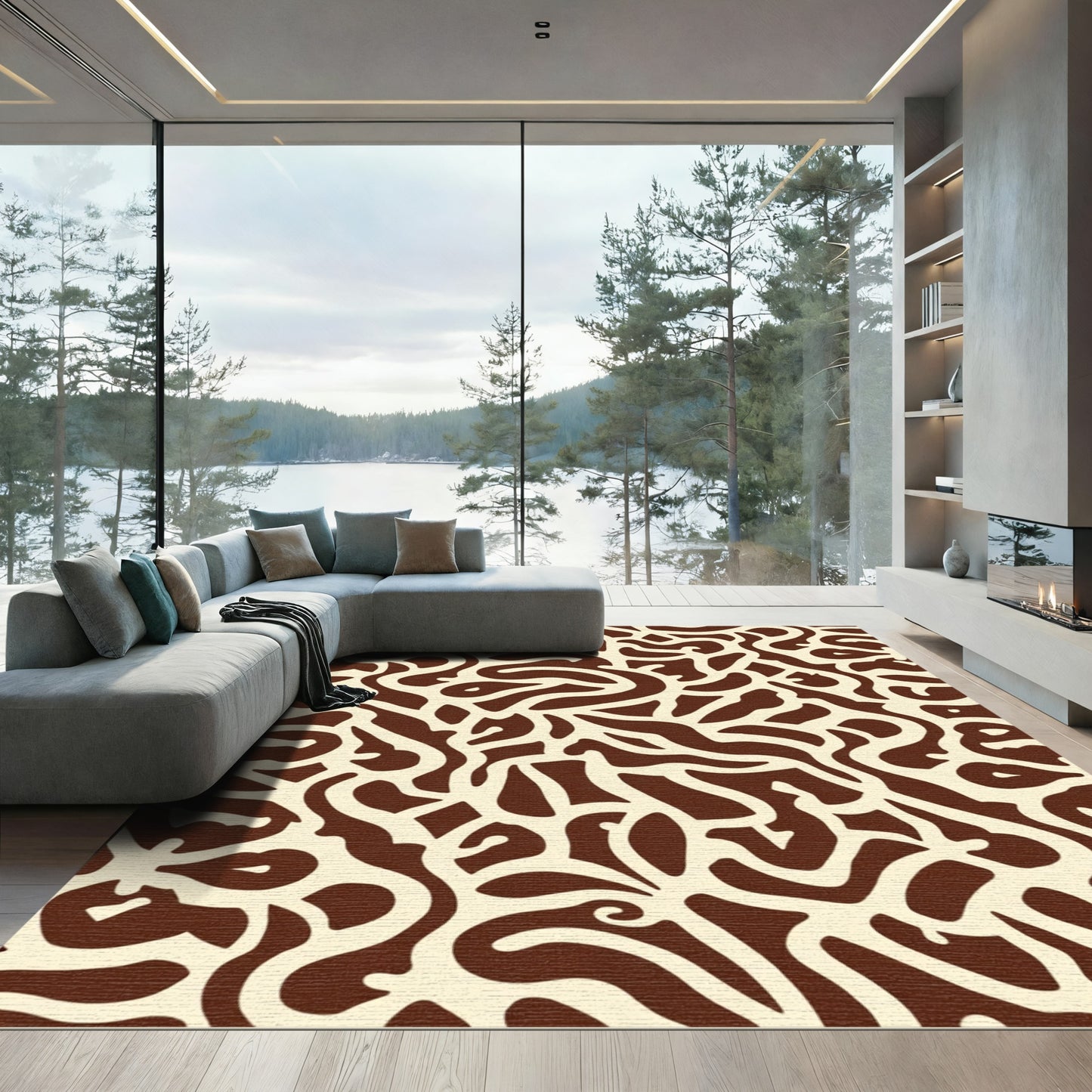 Cream Brown Abstract Labyrinth Swirl Rug