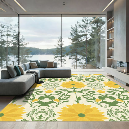 Yellow Daisy Green Damask Floral Rug