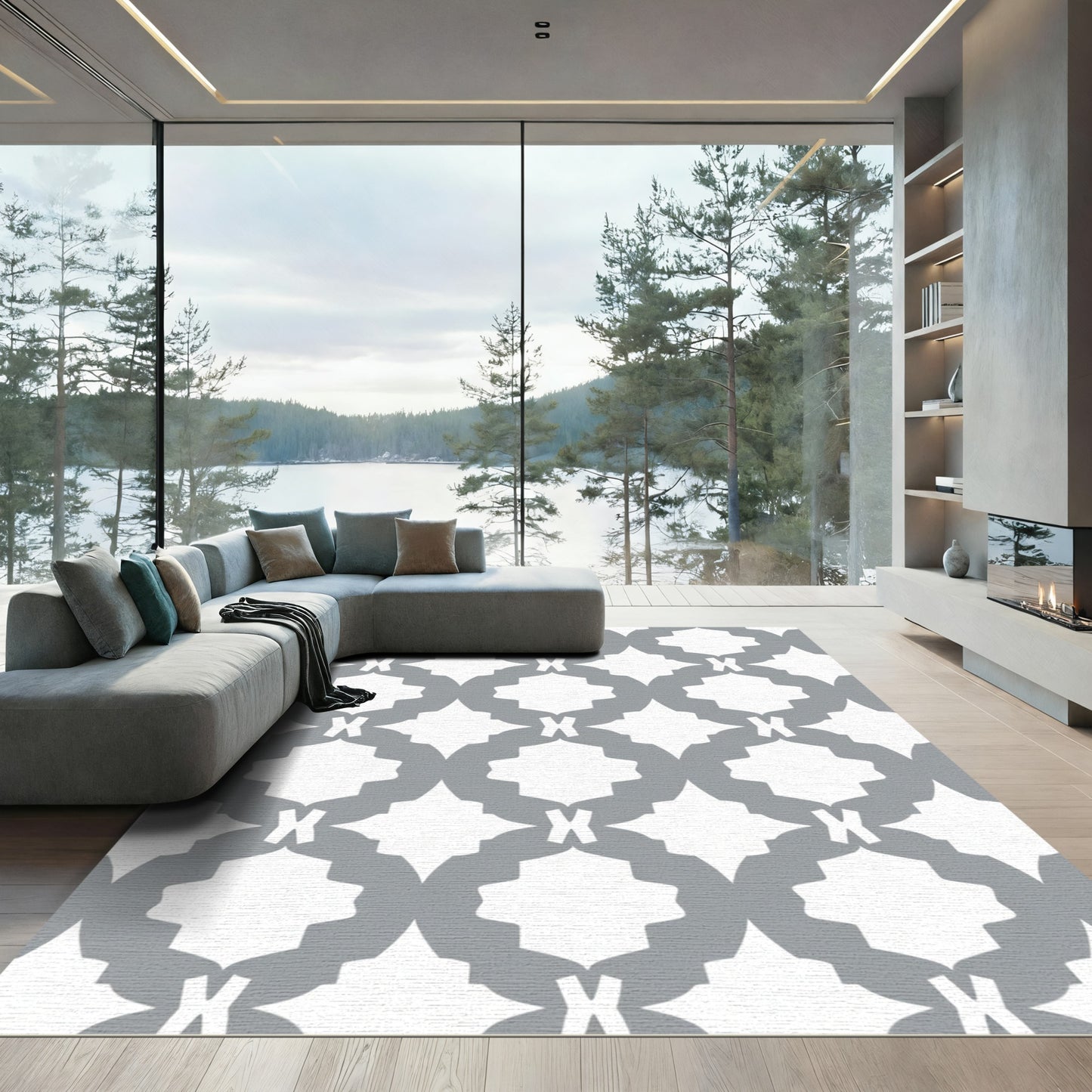 Gray White Geometric Medallion Vine Rug