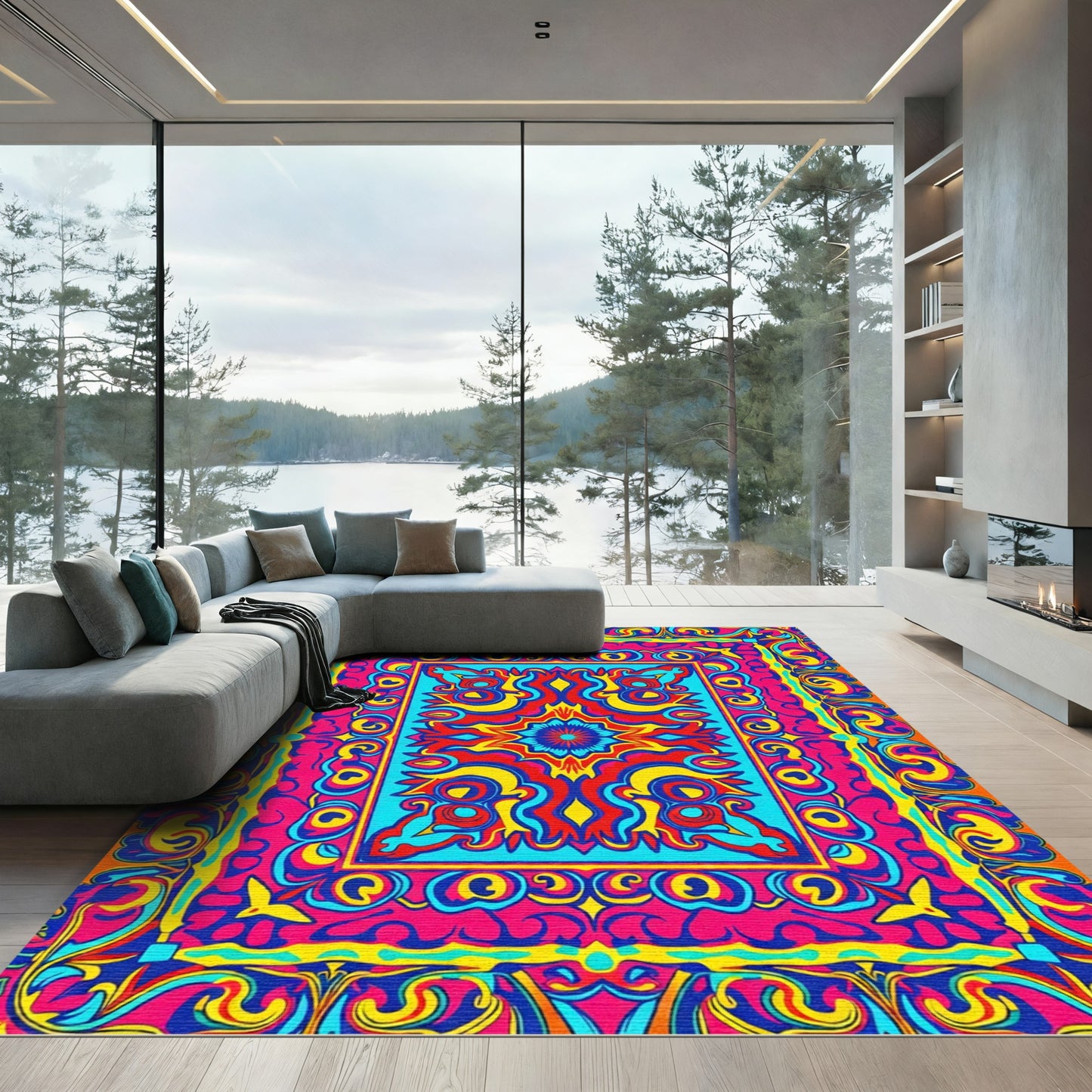 Vivid Psychedelic Floral Border Rug