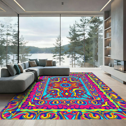 Vivid Psychedelic Floral Border Rug