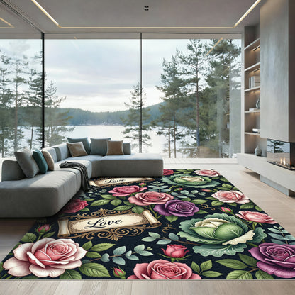Romantic Rose Garden With Love Scrolls Rug