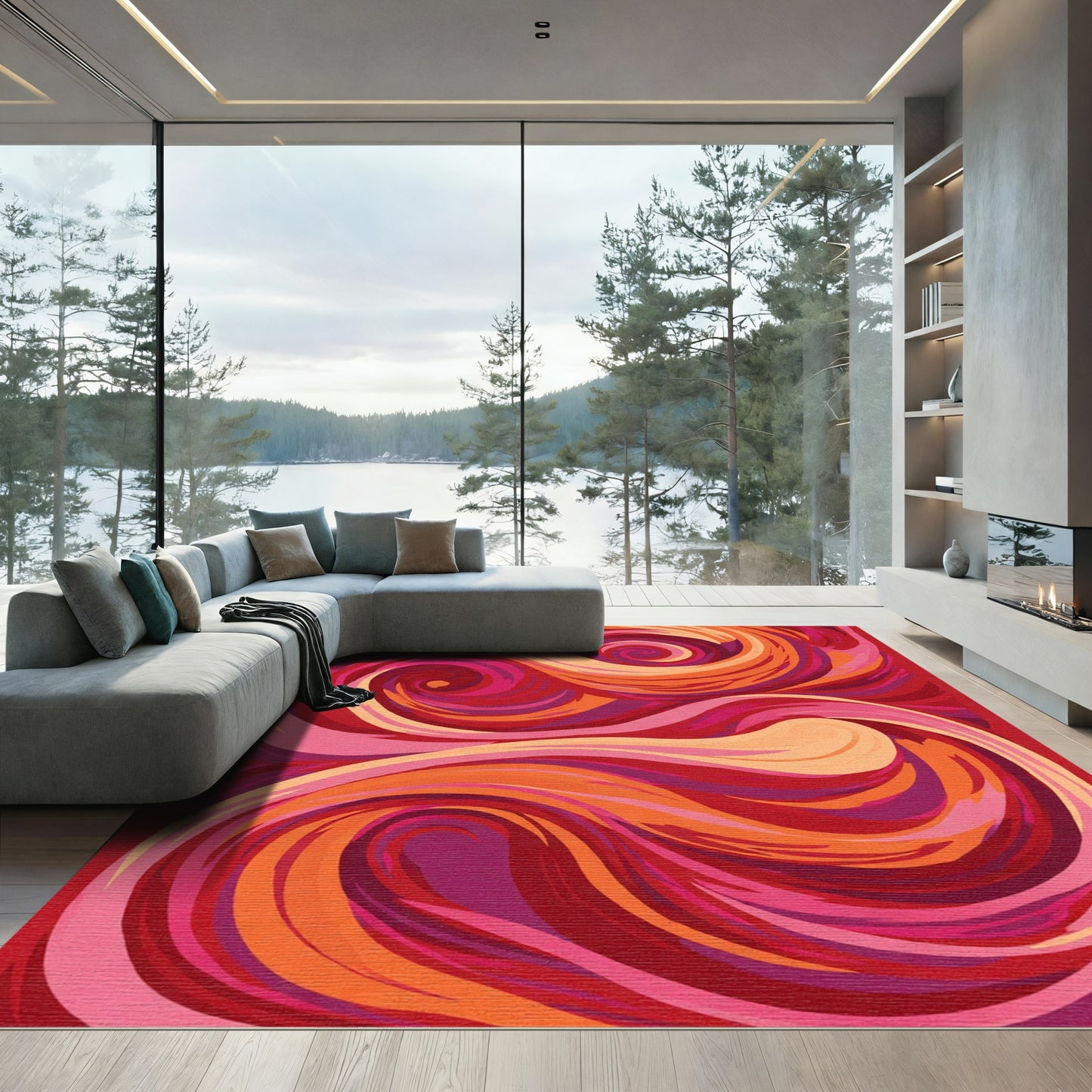Crimson Swirl Abstract Flow Rug