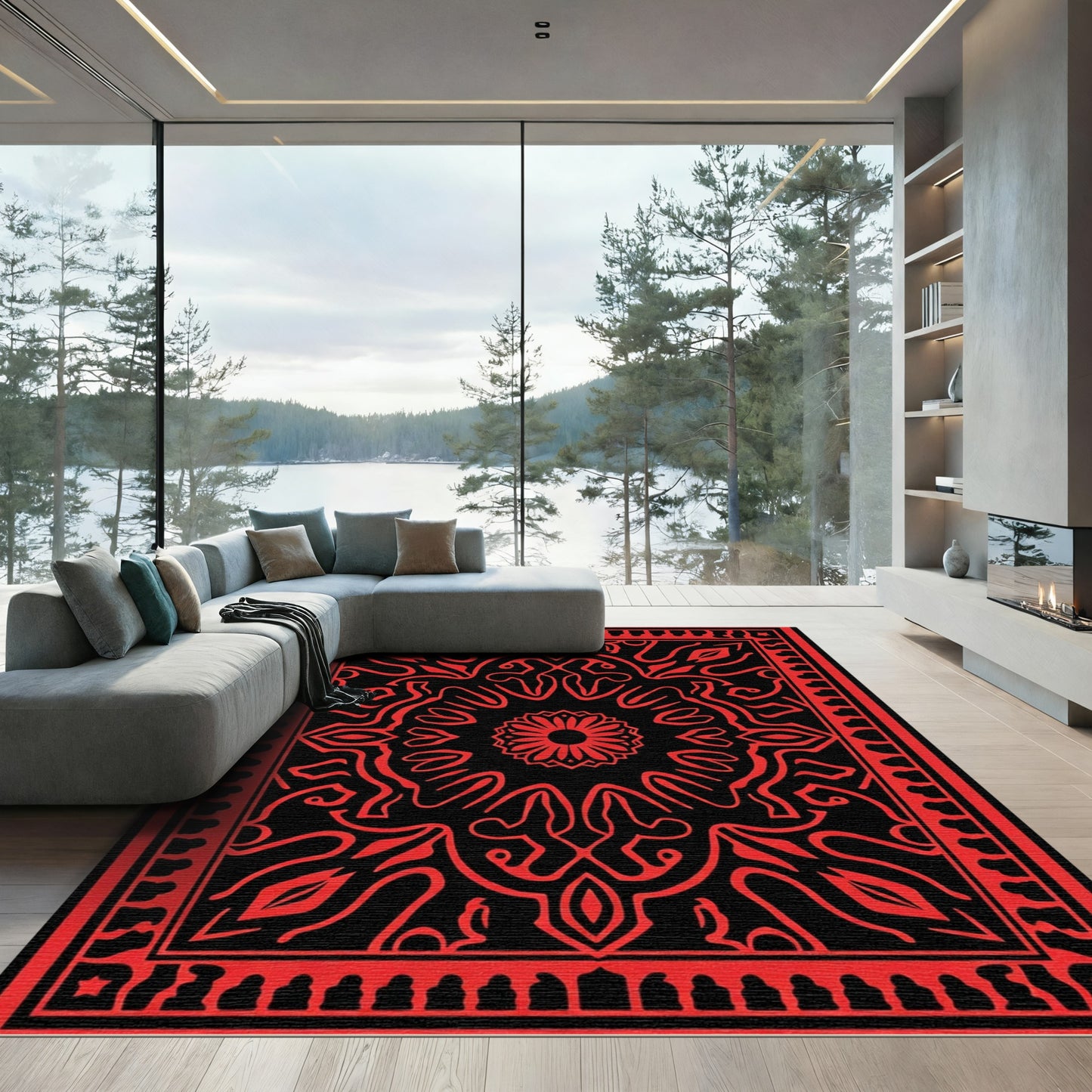 Crimson Medallion Mandala Black Rug