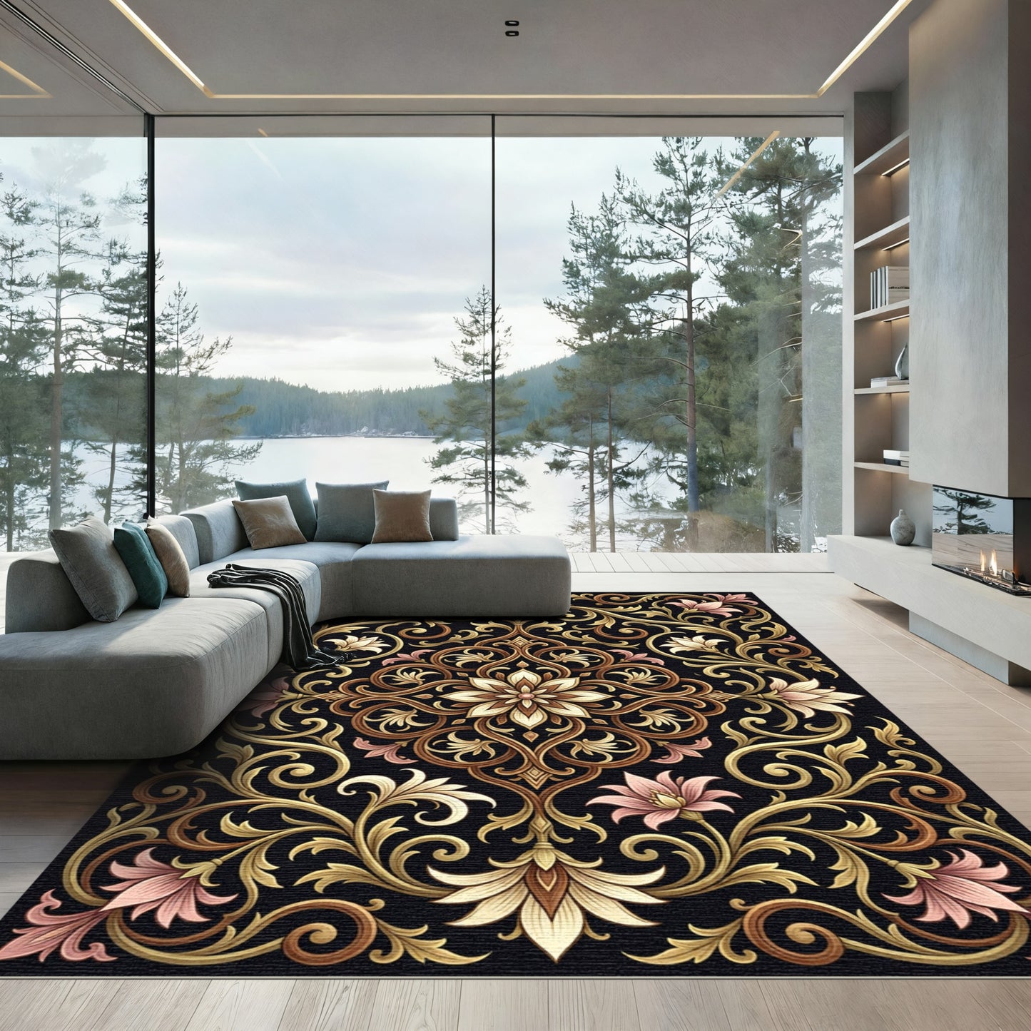 Ornate Black Pink Floral Scroll Rug