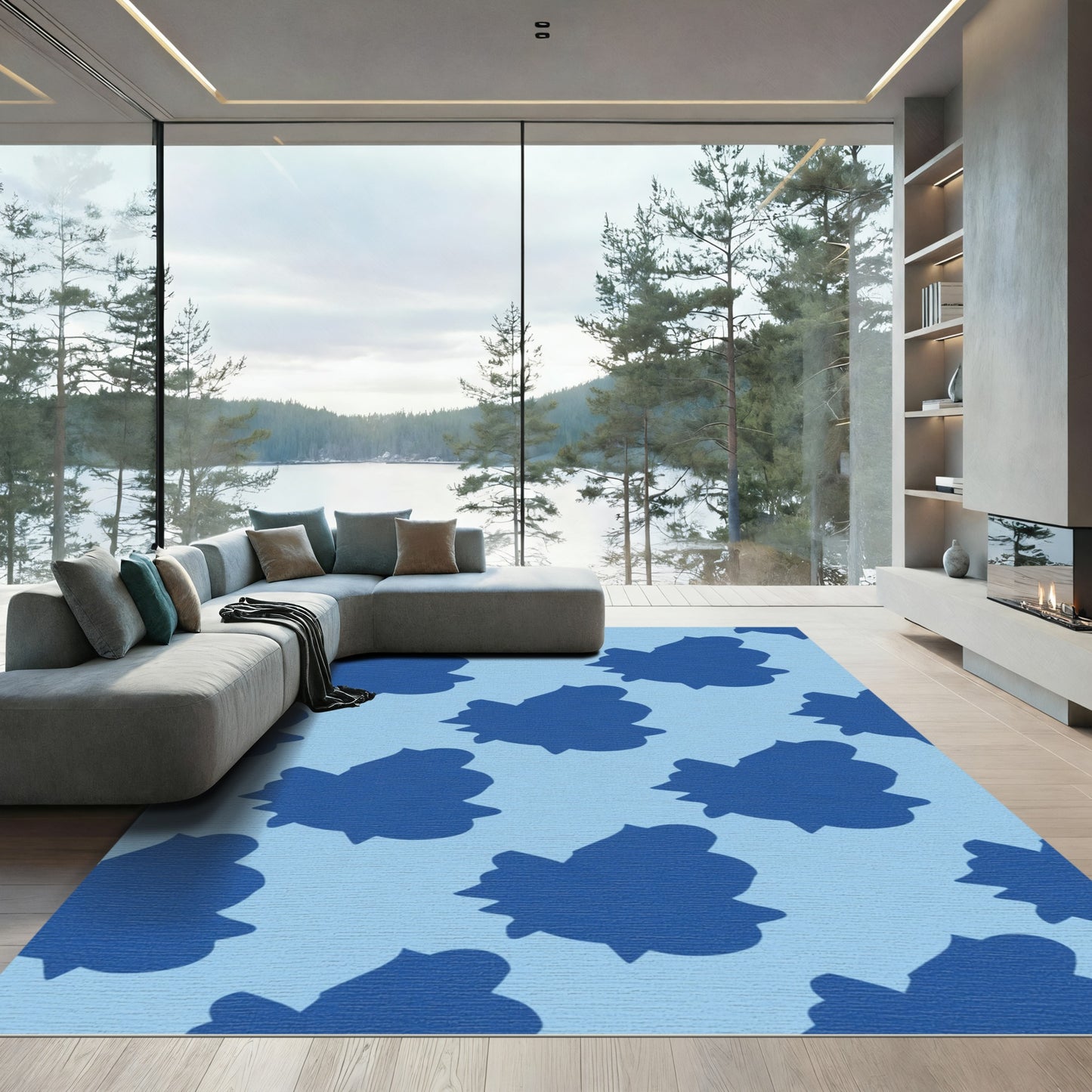 Deep Blue Abstract Leaf Composition Rug