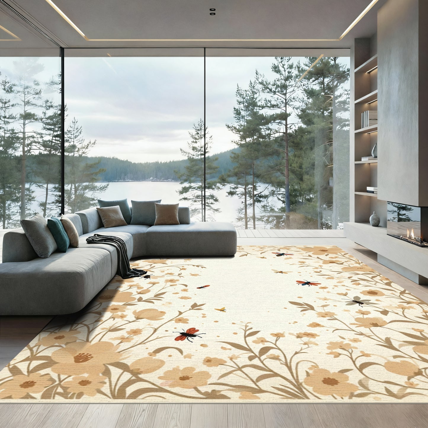 Pastel Garden Insects Floral Border Rug