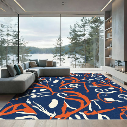 Navy Blue Orange White Abstract Swirl Rug
