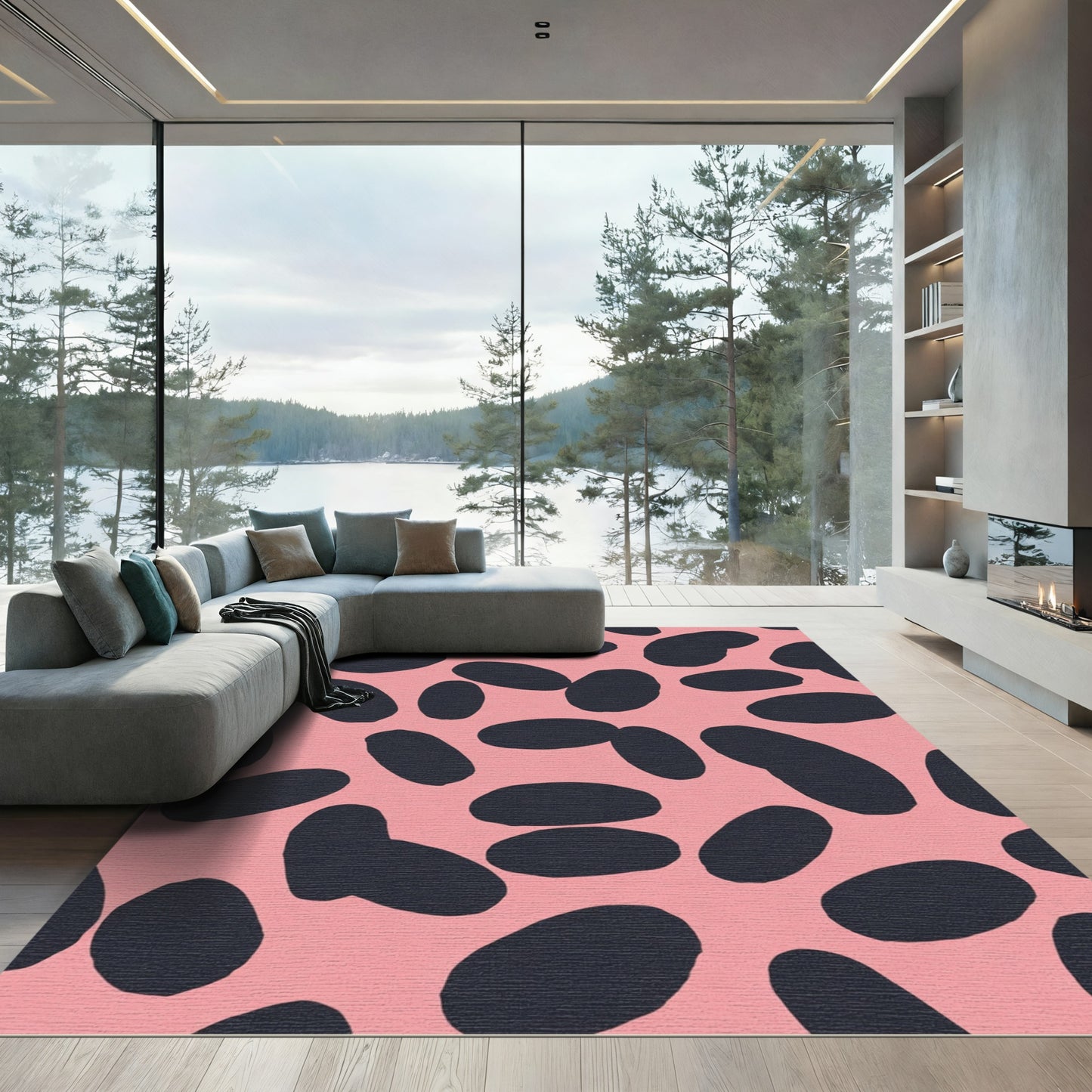 Pink Black Abstract Blob Rug