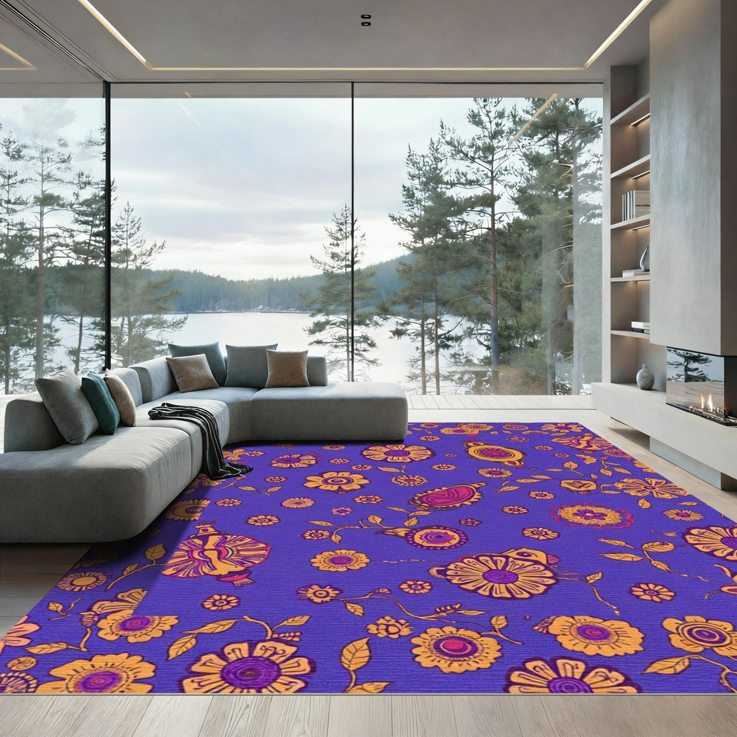 Vibrant Violet Floral Whimsical Tapestry Rug