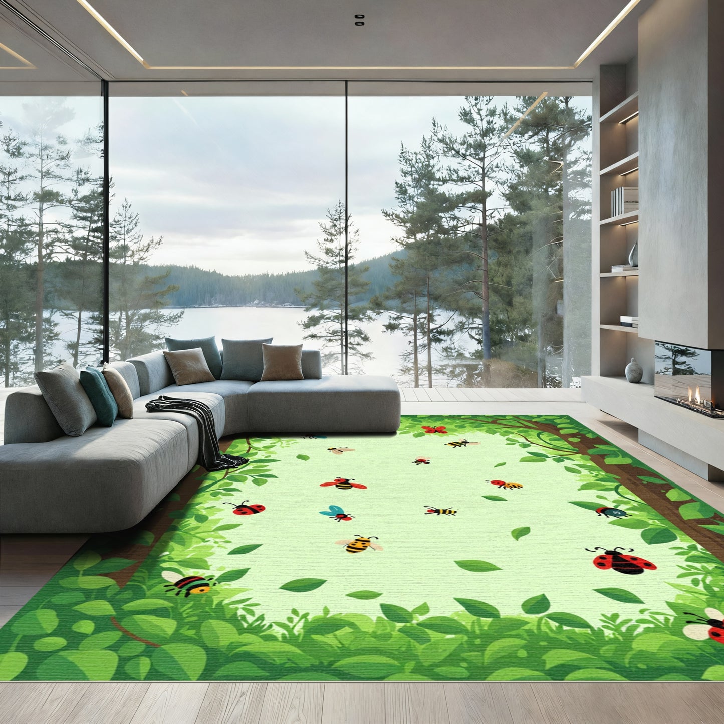 Woodland Bugs And Butterflies Garden Scene Rug