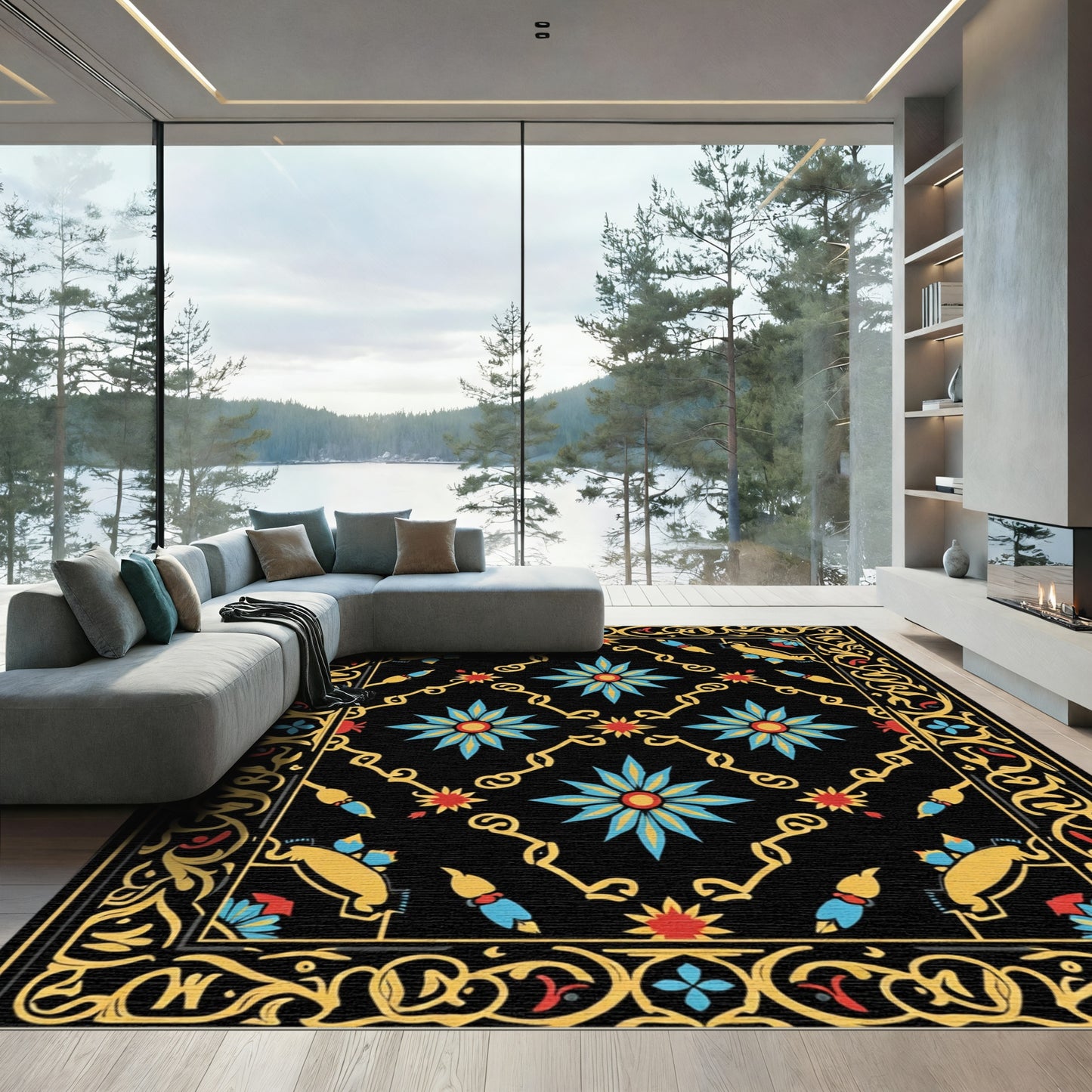 Vibrant Black Floral Medallion Rug