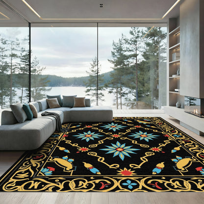 Vibrant Black Floral Medallion Rug